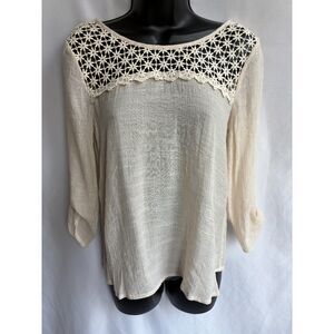 Pretty Good Natural Beige 100% Cotton Top Crochet Lace Insert Rolltab Sleeve S